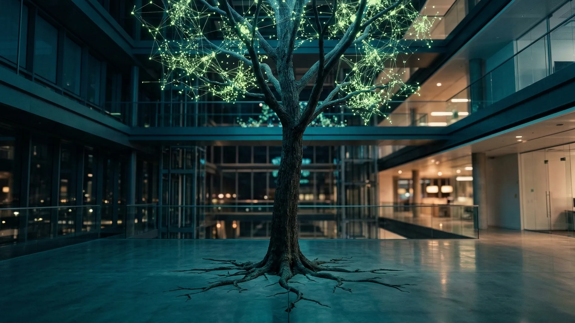 Vernetzter Baum in moderner Lobby – Verwurzelung und Innovation