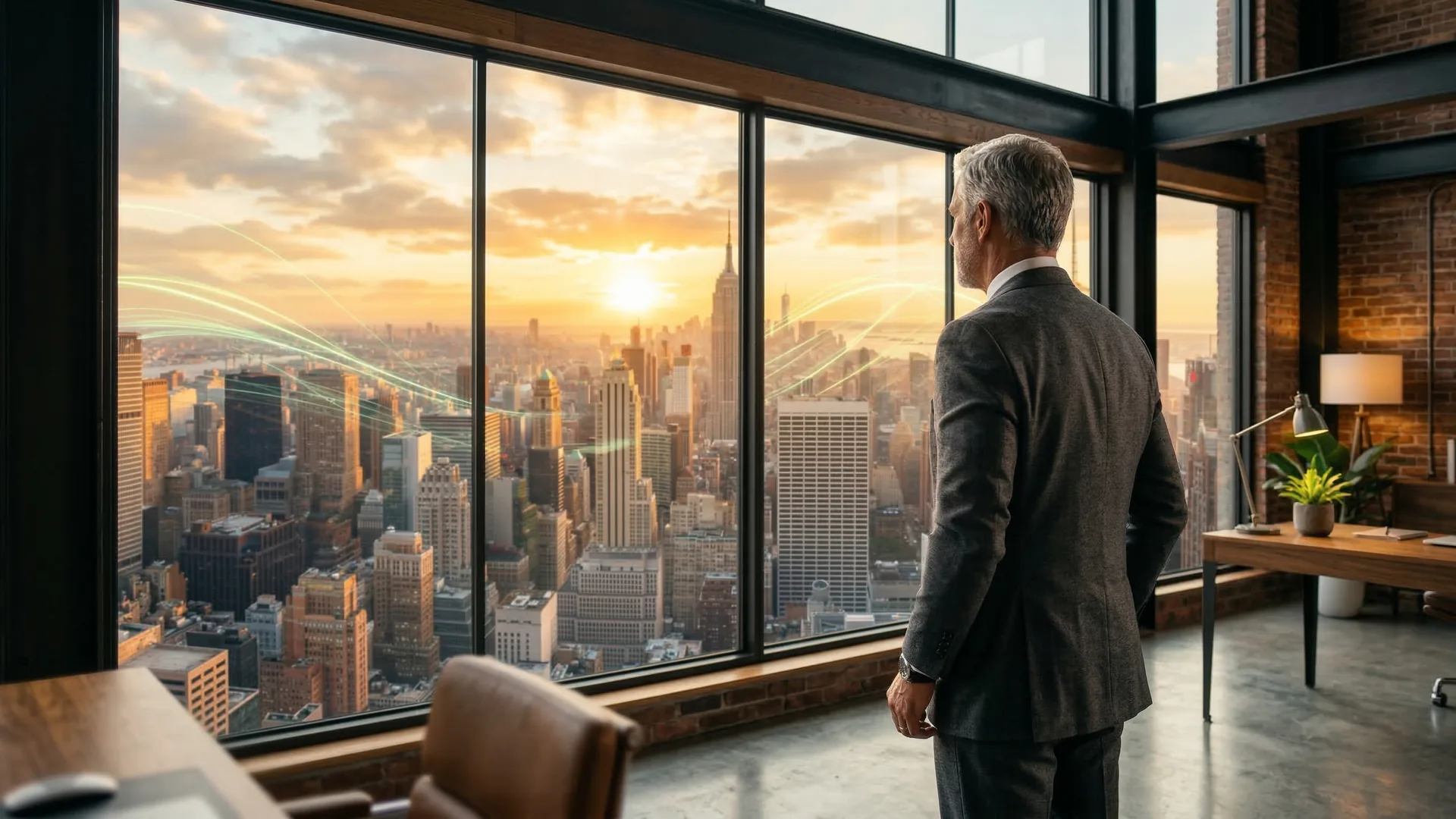 Executive blickt auf Skyline – strategische Dominanz