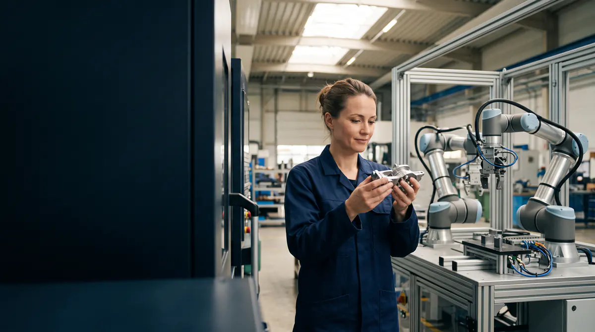 Mitarbeiterin prüft ein Bauteil an einer automatisierten Montagezelle